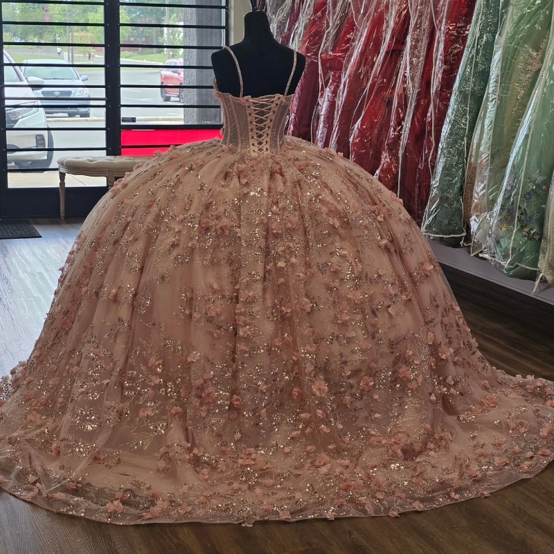 Pink Shiny Quinceanera Dresses Ball Gown Spaghetti Strap Sequin Appliques Flower Beading Tull Corset Sweet 16 Dress Vestidos 15 De Anos
