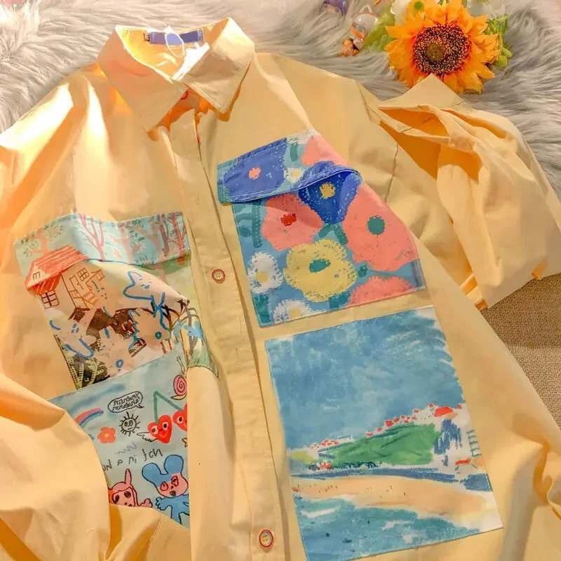 Yellow Oil Painting Print Shirts Women Spring Autumn Thin Loose Button Up Blouses Long Sleeved Oversize Shirt for Teenage 250225