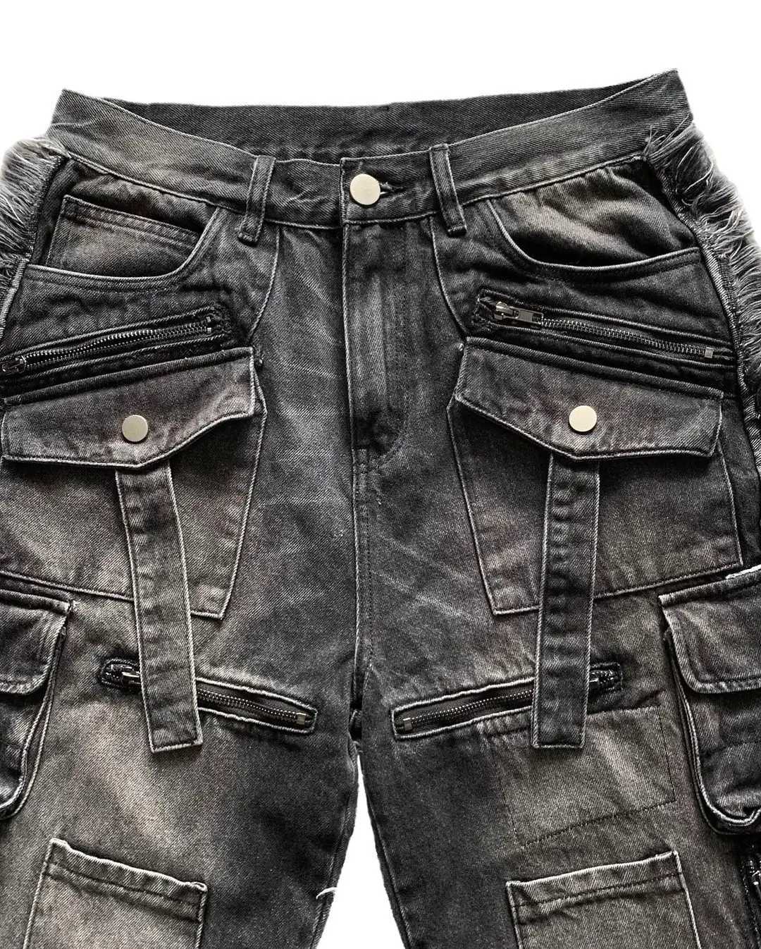 Men's Jeans Gothic Harajuku Y2K multi pocket washed black jeans mens loose drag pants street hip-hop rap 90s spicy girl wide leg pants z250225