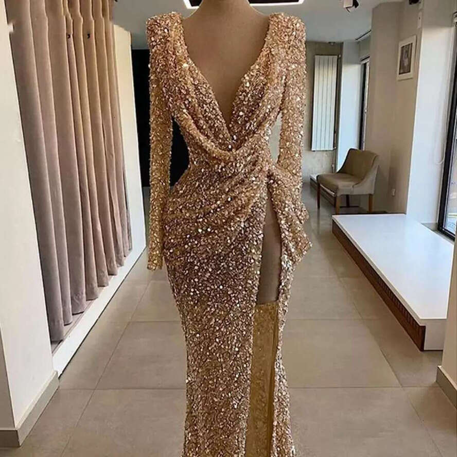 Sparkly Sequined Evening Dresses For Women Sexy High Split V Neck Prom Formal Ocn Party Gown Mermaid Vestido De Fiesta