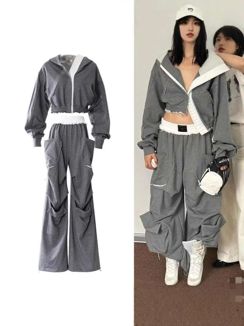 Getspring Women Pant 2025 Spring New Hooded Color Matching Short Coat High Waist Loose Long Wide Leg Pants Two Pieces Sets