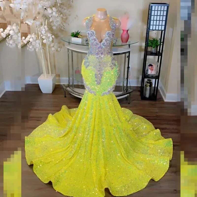 Yellow Prom Dresses For Black Girls 2024 Crystal Mermaid Evening Dress Rhie Sequin Party Gowns Vestidos De Gala