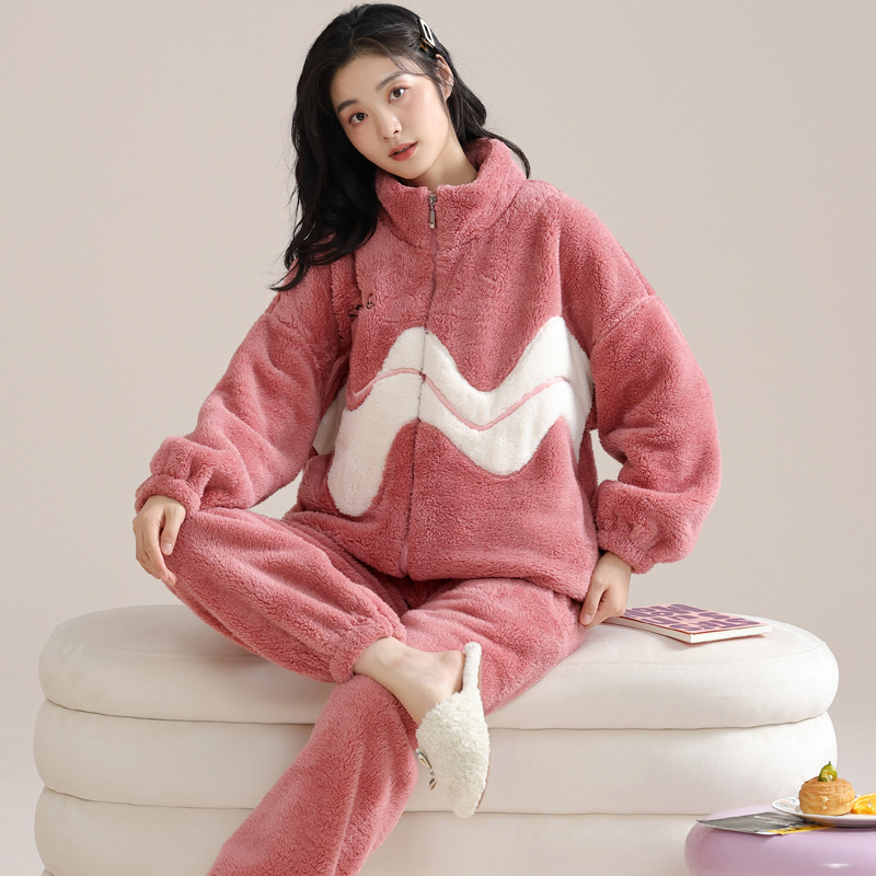 B724-New style pajamas for women autumn and winter warm thick high collar sweet home clothes coral fleece can be worn outside suit