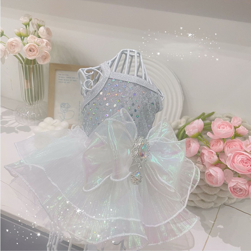 Pet Cat Dog Clothing with Shiny Large Diamond Bow, Summer Cat Princess Fashionable Chiffon Skirt, Pet Princess Bubble Dress, Suitable for Small and Me