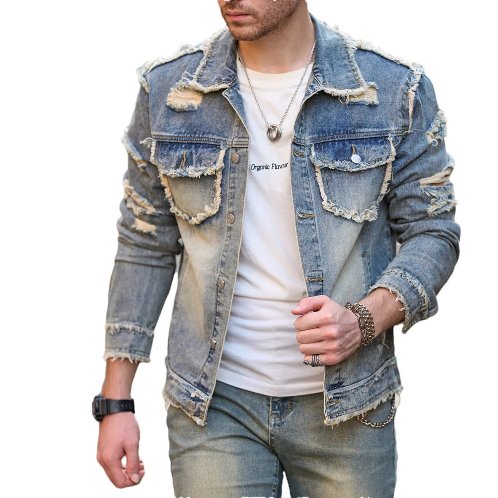Street Stylish Retro Style Holes Slim Street Denim Jacket Coat Good Quality Distressed Male Casual Denim Jacket 250224