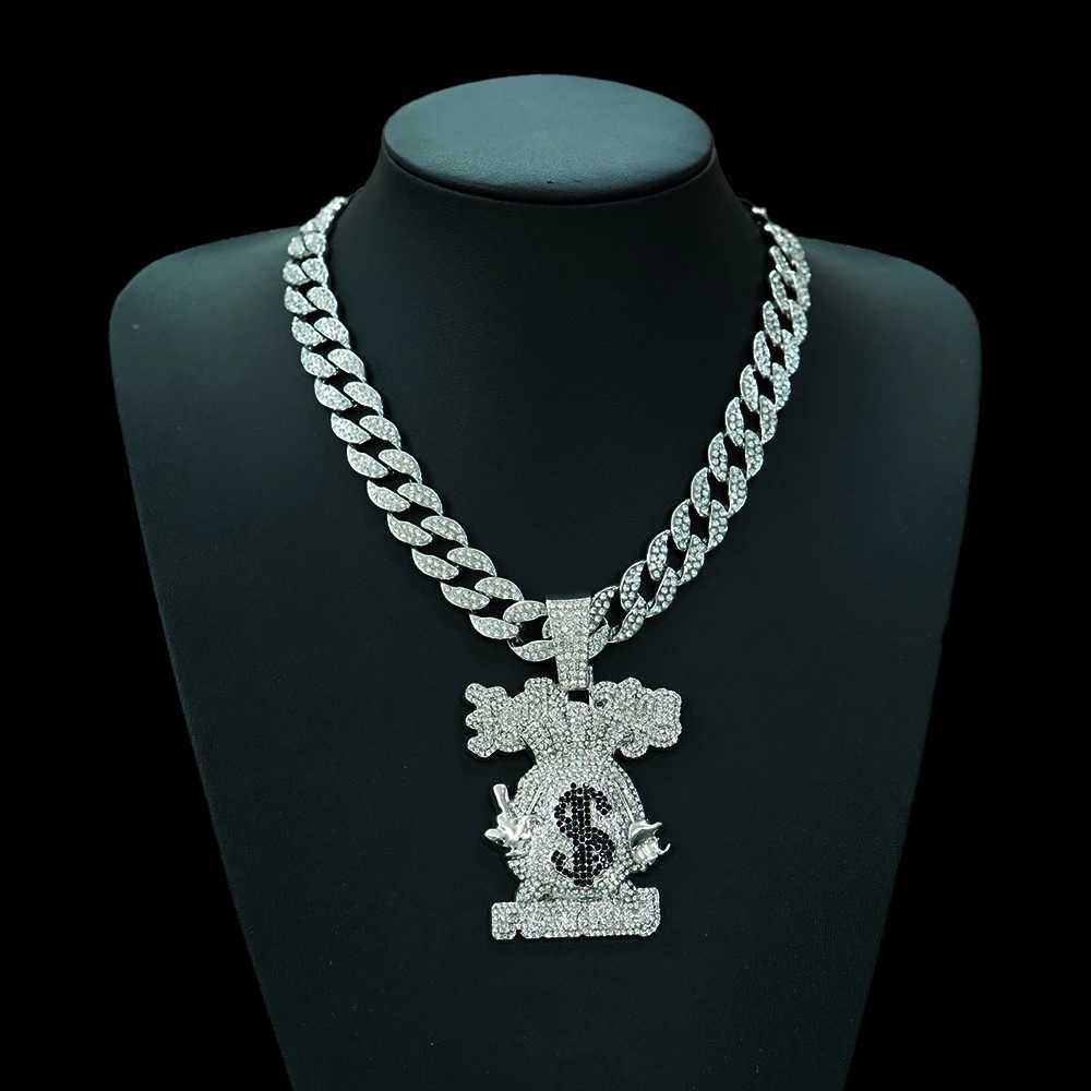 2024 New style d out 15mm big cuban chain punk alloy and fl bling rhinestone cartoon money bag pendant necklace X250224