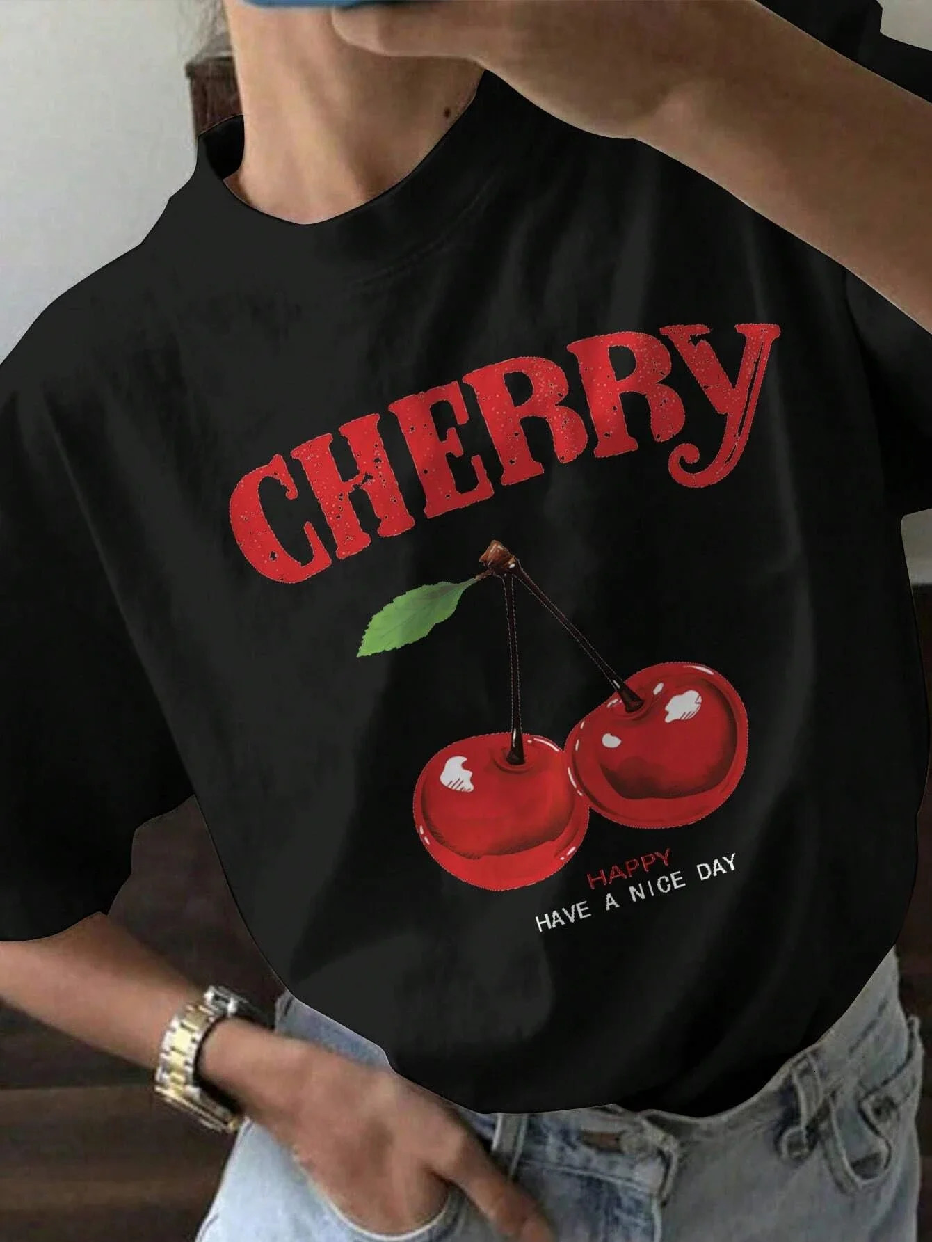 Cherry Cartoon Printed Graphic Women Cotton T-shirt Y2k Summer Fashion Round Neck Short Sleeve Tops Vintage Casual Tee 3XL 250224