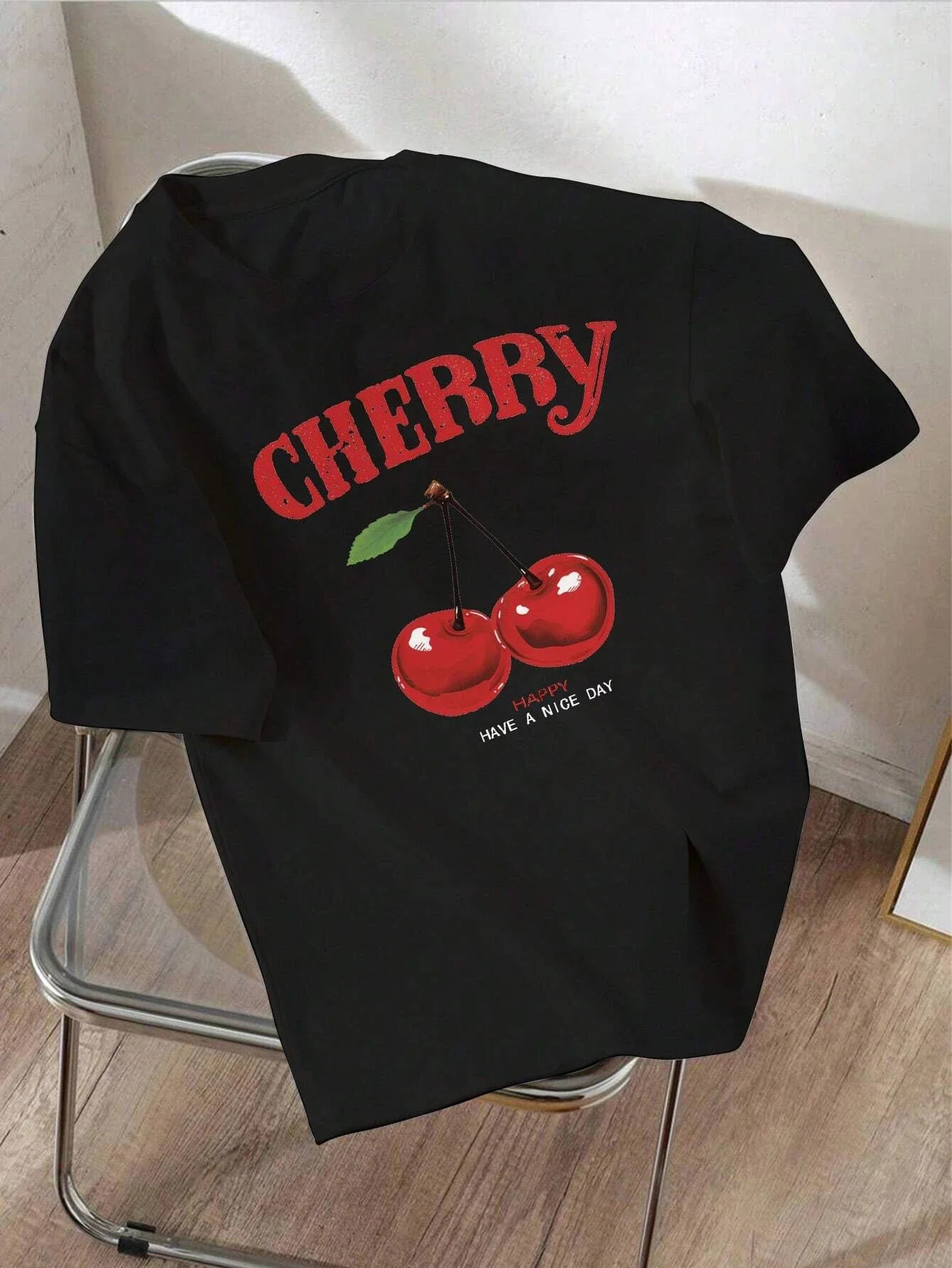Cherry Cartoon Printed Graphic Women Cotton T-shirt Y2k Summer Fashion Round Neck Short Sleeve Tops Vintage Casual Tee 3XL 250224