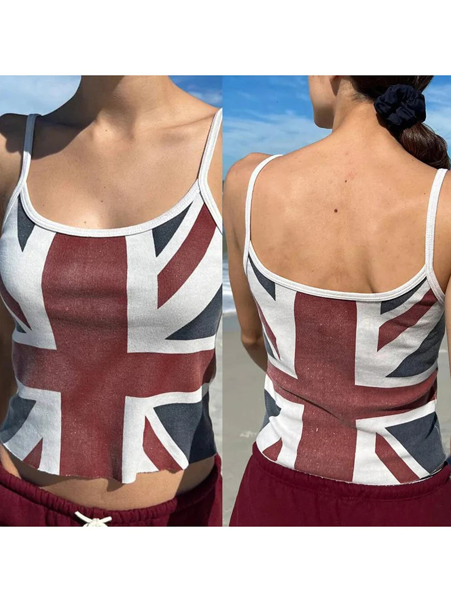 Women Spaghetti Strap Union Jack Cami Top Sleeveless U Neck Low Cut Basic Fitted Crop Tank Top British Flag Print Camisole Vest 250225