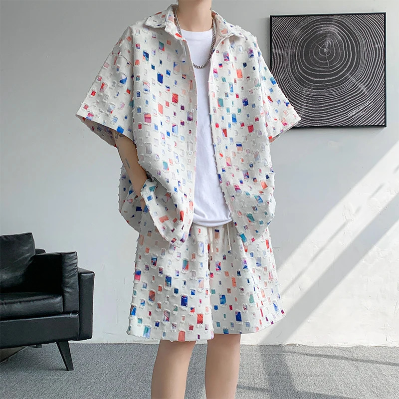 Cotton Hollowed Out Set Men Summer Short Sleeved Shirt Sets Men Streetwear Korean Loose Colored Plaid Sets Mens Plus Size 5XL 250224