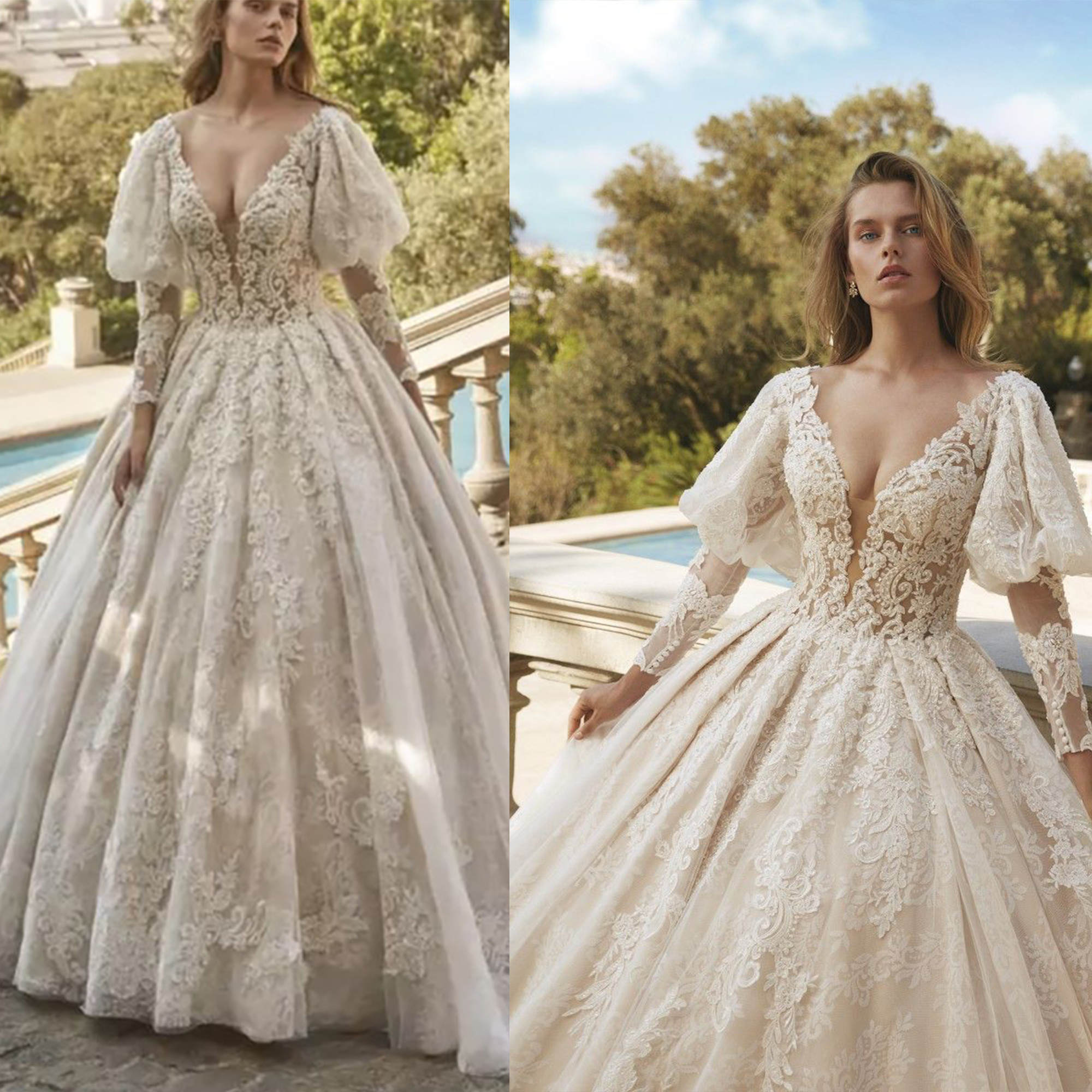 Graceful Ball Gown Wedding Dresses V-Neck Lace Crystal 3D Floral Appliques Beaded Sweep Floor Court Gown Customized Bridal Gown Vestidos De Novia