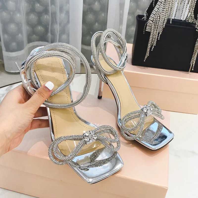 Maogu Luxury Rhinestones Bowknot Summer Wedding Shoes High Heels Silver Sandal Party Prom Shoes Rhinestone Women SandalsC250225