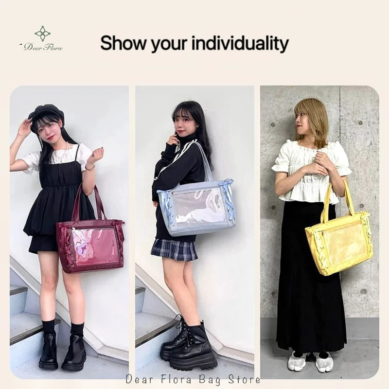 Japanese Sweet Women Ribbon Ita Bag Cute Lolita Girl Transparent Handbags Fashion Large Capacity Tote Bag Aesthetic Shoulder Bag 250221