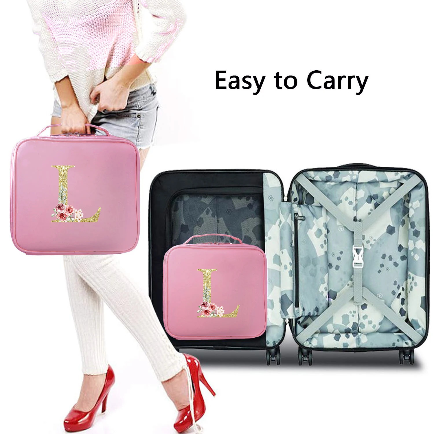 Gold letter print and pink case with adjustable divider travel makeup bag large professional portable makeup organizer 250224