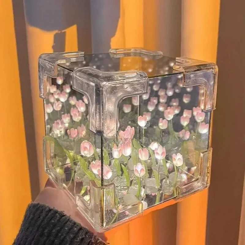 Hot Tulip Nightlight Handmade DIY Material Cube Tulip Mirror Bedroom Decor Atmosphere Lamp Valentines Day Birthday Gift Z250225