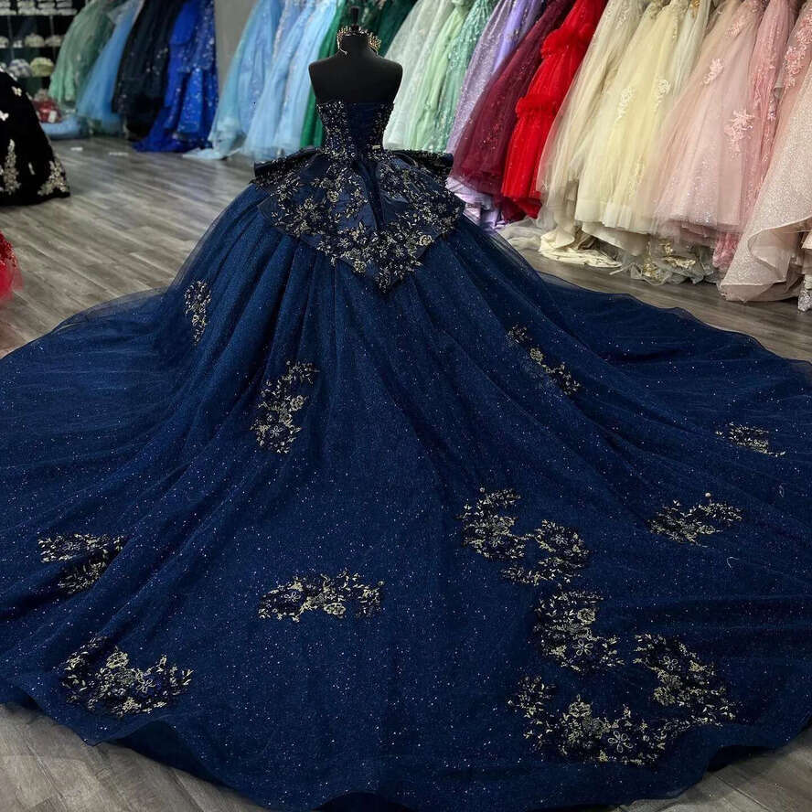 Navy Blue Princess Dresses Sparkly Sweetheart Glitter Sequins Prom Ball Gown Quinceanera Lace Up Back Appliqued Sweet 15 Masquerade Dress 0616