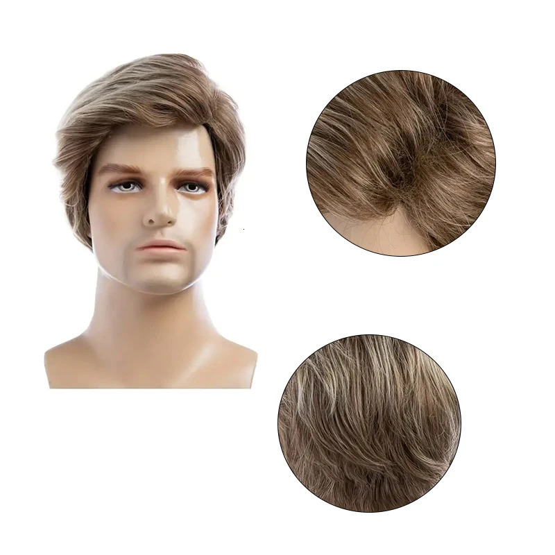 6 Inch Short Curly Synthetic Brown Wig Handsome Mens Heat Resistant Wig with Bangs for Daily Use 250224