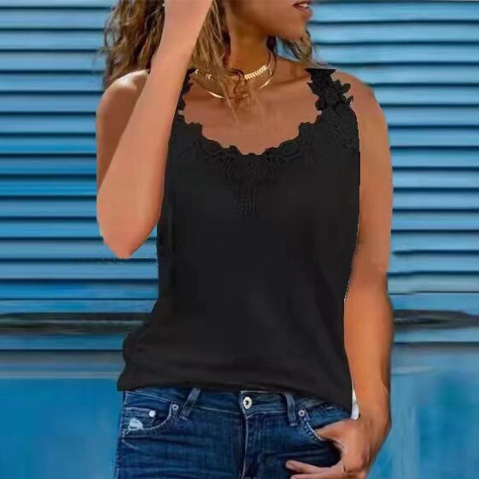 Plus Size Oversized Womens Lace V Neck Tank Tops Ladies Summer Sleeveless Casual Loose Camisole Vest T-Shirt Clothing For Female 250224