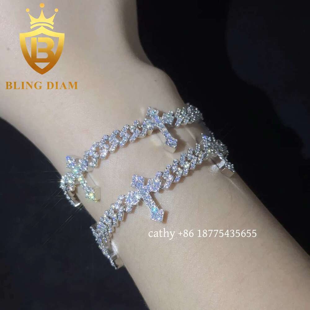 Solid Sier 6Mm Hip Hop For Men Women Fashion Moissanite Cross Cuban K Chain Bracelet