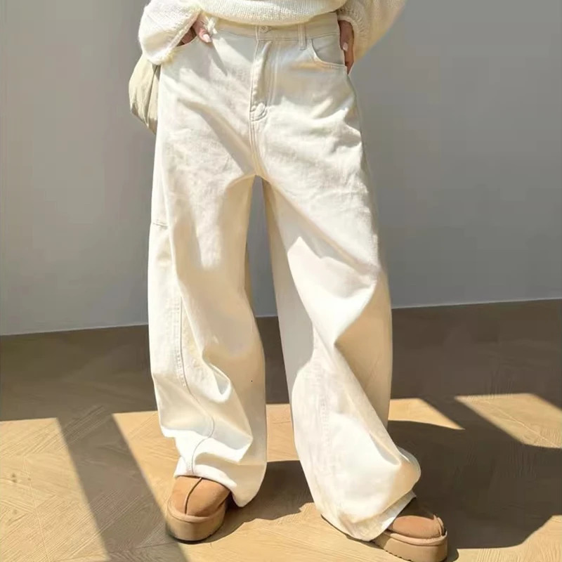 Fashion Simple Plain White Baggy Jeans Women y2K All Match Solid Pockets Wide Leg Straight Lady Denim Pants Casual Loose Trouser 250222