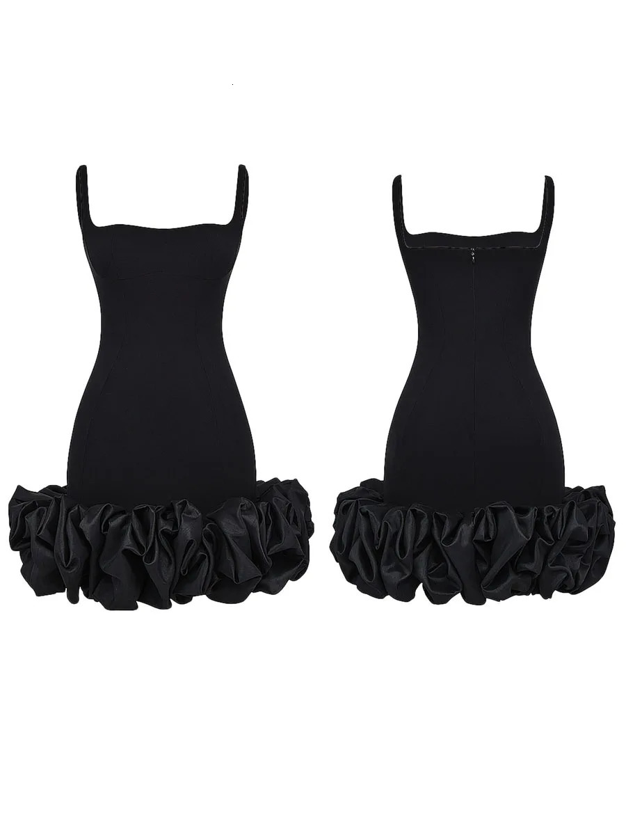 Women Spaghetti Strap Bodycon Mini Dress Solid Color Pleated Ruffle Hem Sleeveless Party Cocktail Dress 250225