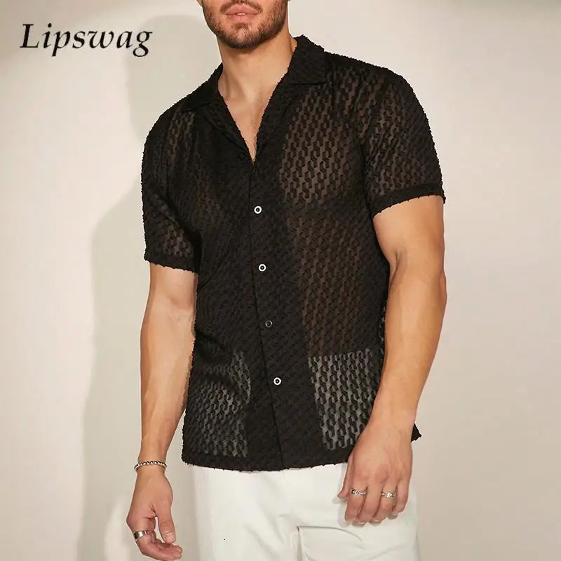 Vintage Lapel Buttoned Short Sleeve Mesh Shirts Men Summer Stylish See Through Hollow Out Shirt Vintage Mens Breathable Shirts 250222