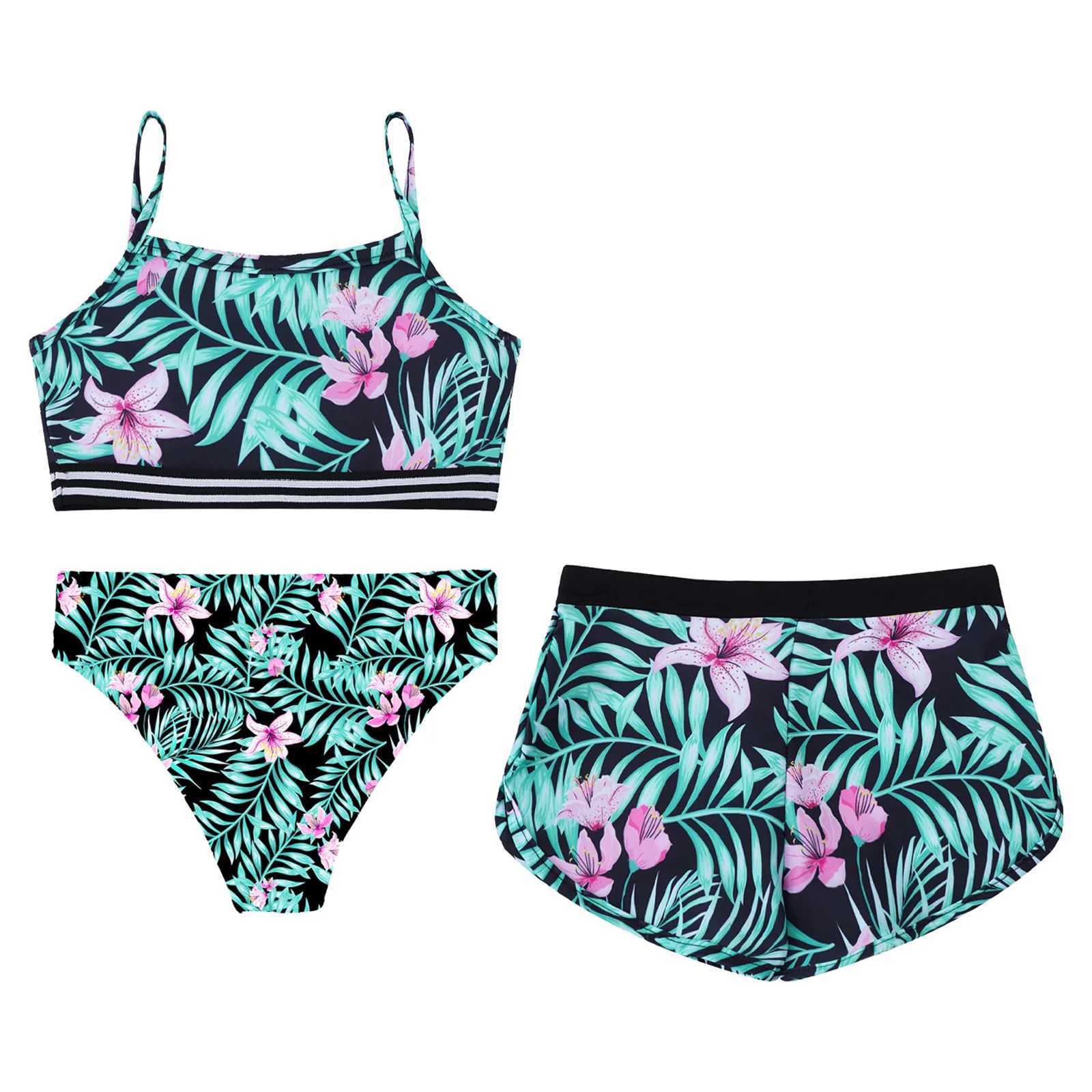 Children Girls Tankini Swimwear Spaghetti Straps Print Crop Top with Shorts Briefs Swimsuit Beach Pool Water Park Bathing Suit X250224