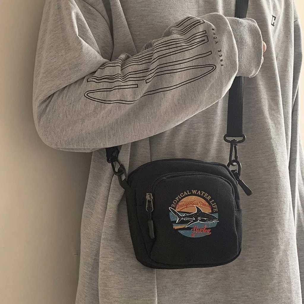 Women Fashion Canvas Bags Trend Harajuku Style Shark Printcasual Shoulder Bag Daily Matching Mini Adjustable Crossbody Bag Z250225