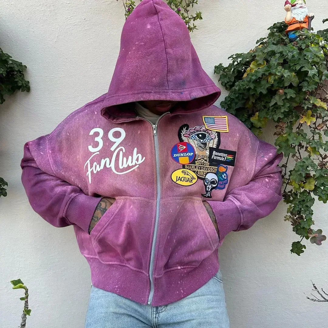 Y2K Gothic Zipper Hoodie Retro Multi Color Pattern Design Hoodis Mens Womens Street Harajuku Hip Hop Loose Sweatshirt 250224