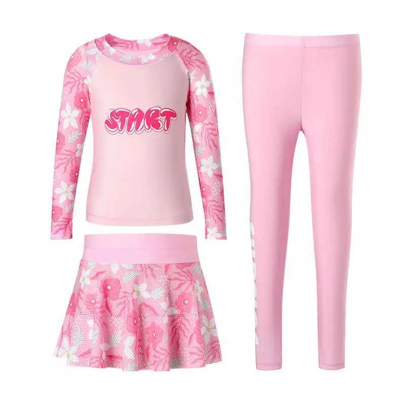 3 Pcs Children Girls Swimsuit UPF 50+ Sun Protection Long Sleeve Swimming Top + Skirt + Panty Sunsuit Beachwear Holiday Clothing X250224
