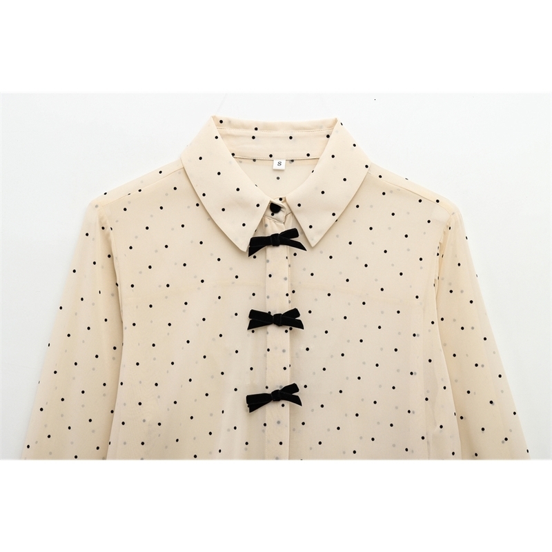 TRAFZA Women Elegant Bow Shirts Lapel Buttons Polka Dot Shirt Fashion Spring Summer Simple Casual 250222