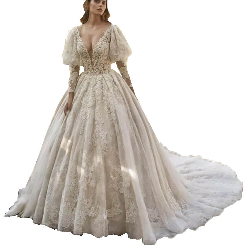 Graceful Ball Gown Wedding Dresses V-Neck Lace Crystal 3D Floral Appliques Beaded Sweep Floor Court Gown Customized Bridal Gown Vestidos De Novia