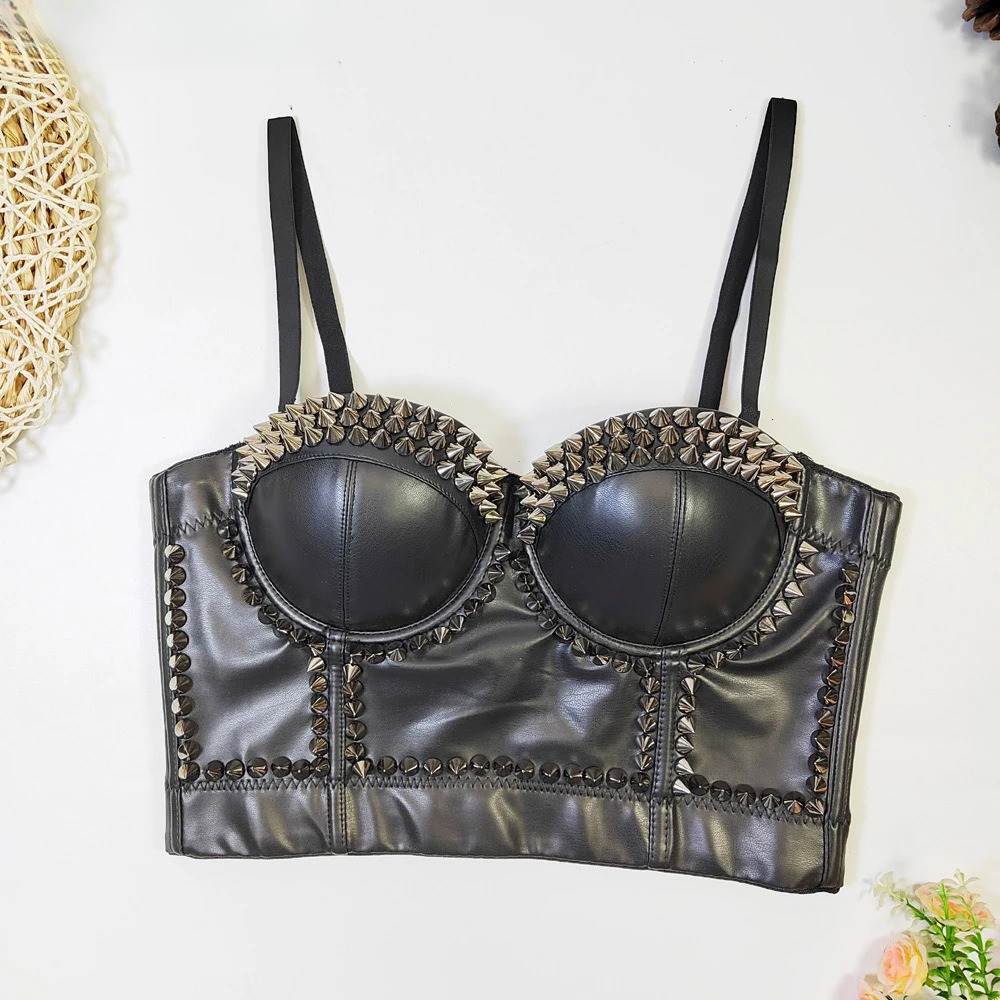 New womens designer clothing Black PU Leather Corset Top Crop Bustier Bra Push Up Bodice Sexy Gerie With Chest Pad Party Sho