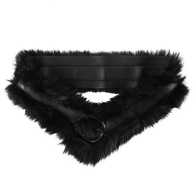 SUCHCUTE Faux Fur Patchwork Pu Leather Belt Vintage 2000s Fashion Accessories Womens Outdoor Skirts Decorative Winter Waistband 250221