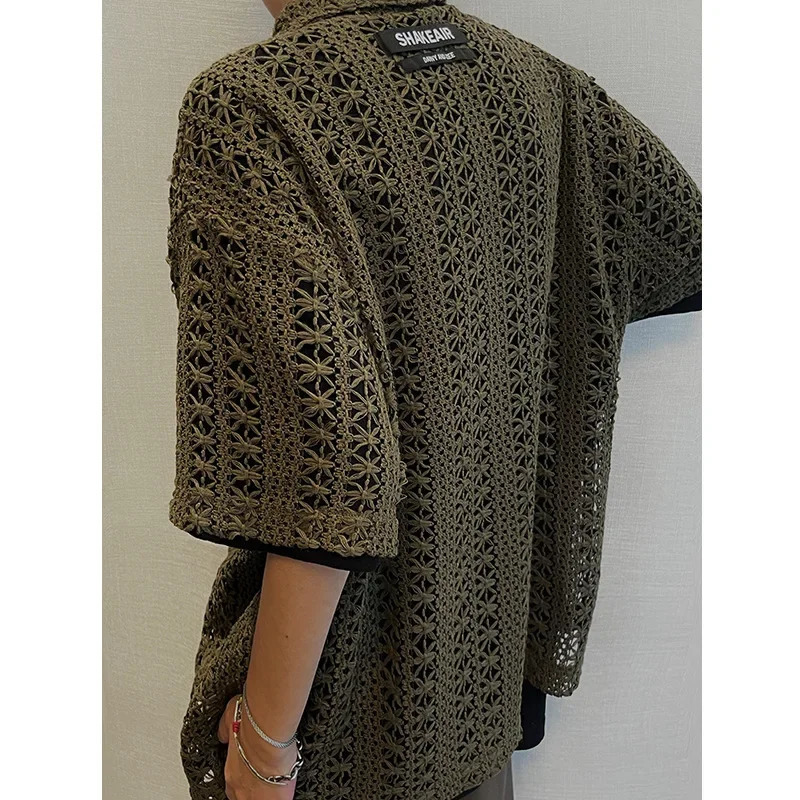 Dannyandzee Mens Loose-fit Vintage Distressed Green Hollow Breathable Short Sleeve Shirt Military Style Versatile Casual Wear 250222