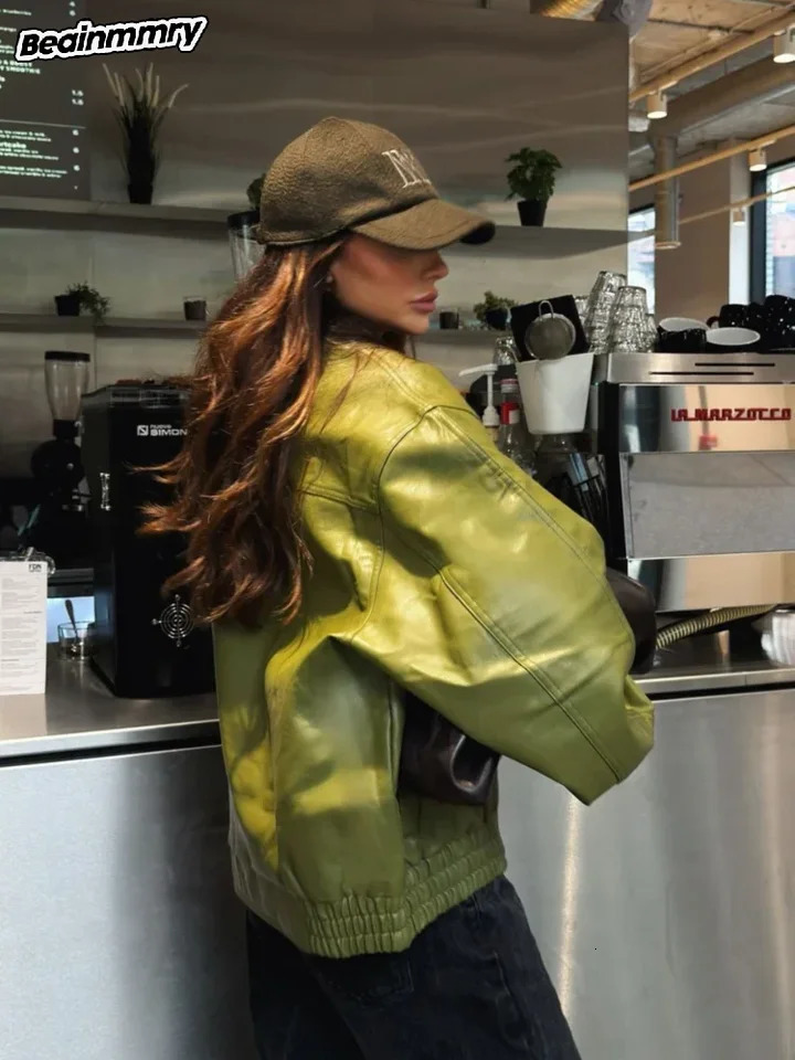 Fashion Green Leather Sleeve Loose Jacket Women Chic Laple Zipper Cropped Short Coats 2024 Lady Casual High Street Outerwear 250224