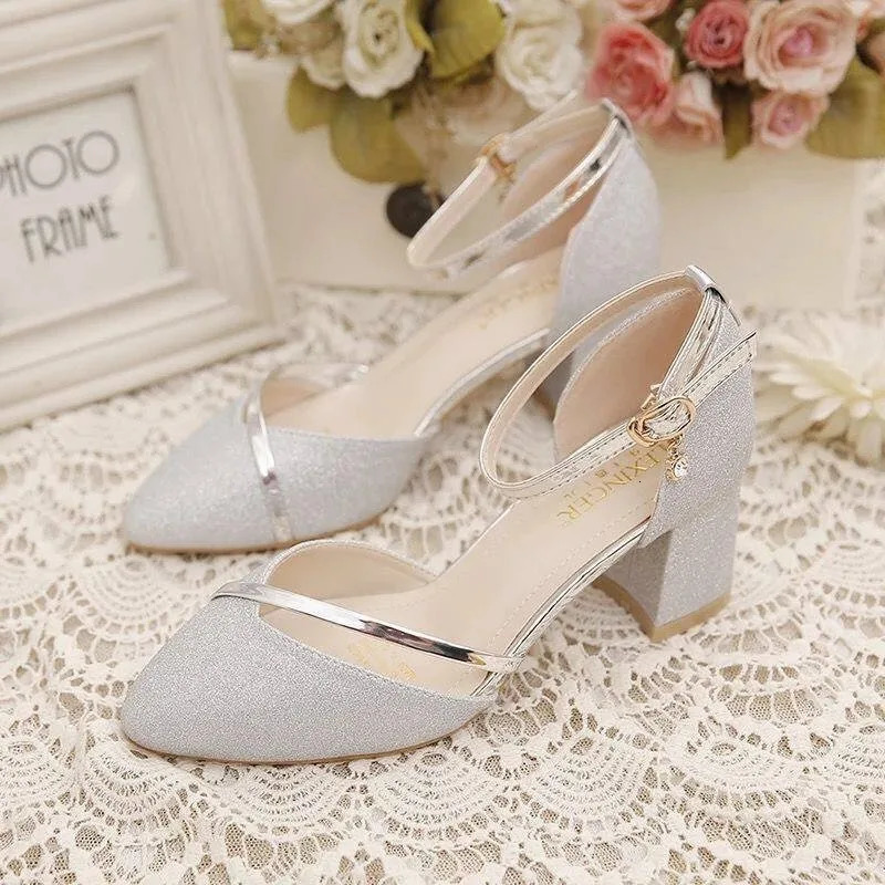 2024 Spring and Autumn Sequin Wedding Shoes Women All Wear Chunky Single Shoes One Line Buckle Bridesmaid High Heels250225