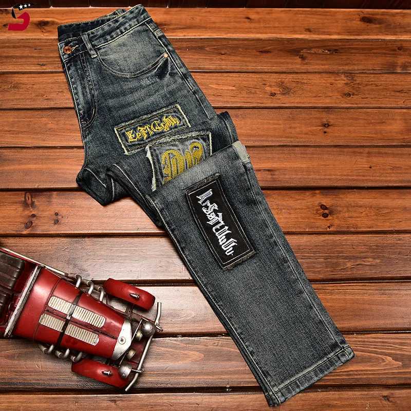 Men's Jeans High-End Jeans Mens Autumn and Winter Fashion Ripped Patch Pu Shuai Embroidered Printed Slim Fit Skinny Stretch Pants z250225
