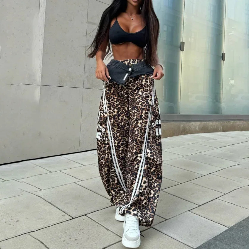 2025 Autumn Womens Casual Wide Leg Leopard Pants Women Clothing Cow Spliced Vintage Sweatpants Y2k Cargo Pants Women 250225