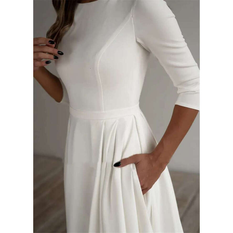 Simple Wedding Dress Long Sleeves A E Crepe Boat Neck Elegant Bridal Dresses With Pockets Plus Size Robe De Mariee