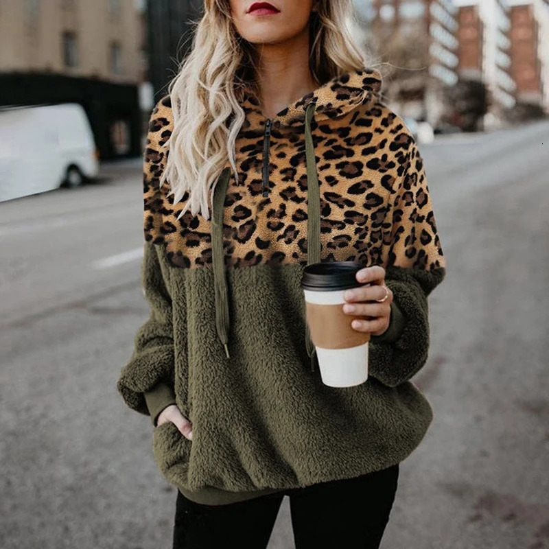 Casual Loose Plush Leopard Patchwork Hoodies Women Zipper Tops Long Sleeve Drawstring Hooded Warm Autumn Sweatshirt With Pockets 250225