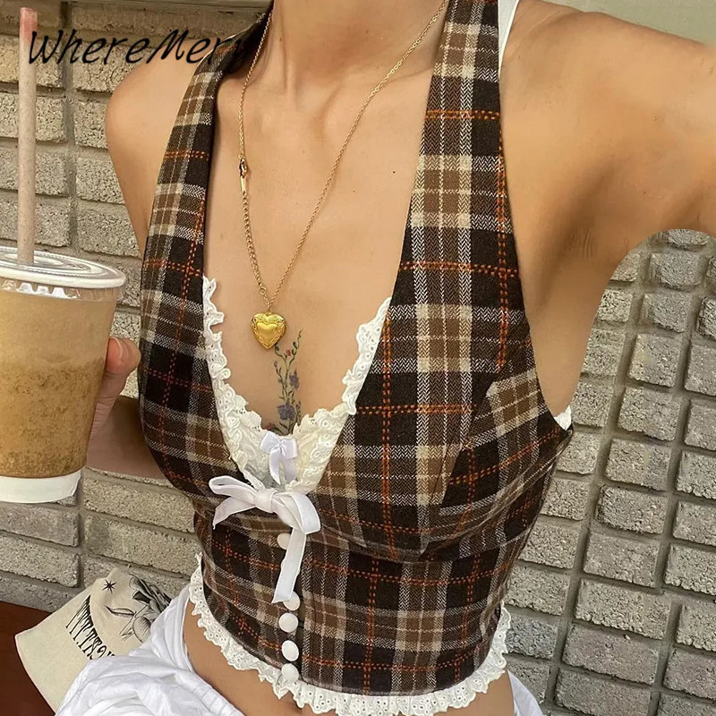 WhereMery French Style Retro Slim Halter Top Y2K Lace Backless Sleeveless V-neck Ruffle Camisole Summer Sexy Womens Clothes 250224