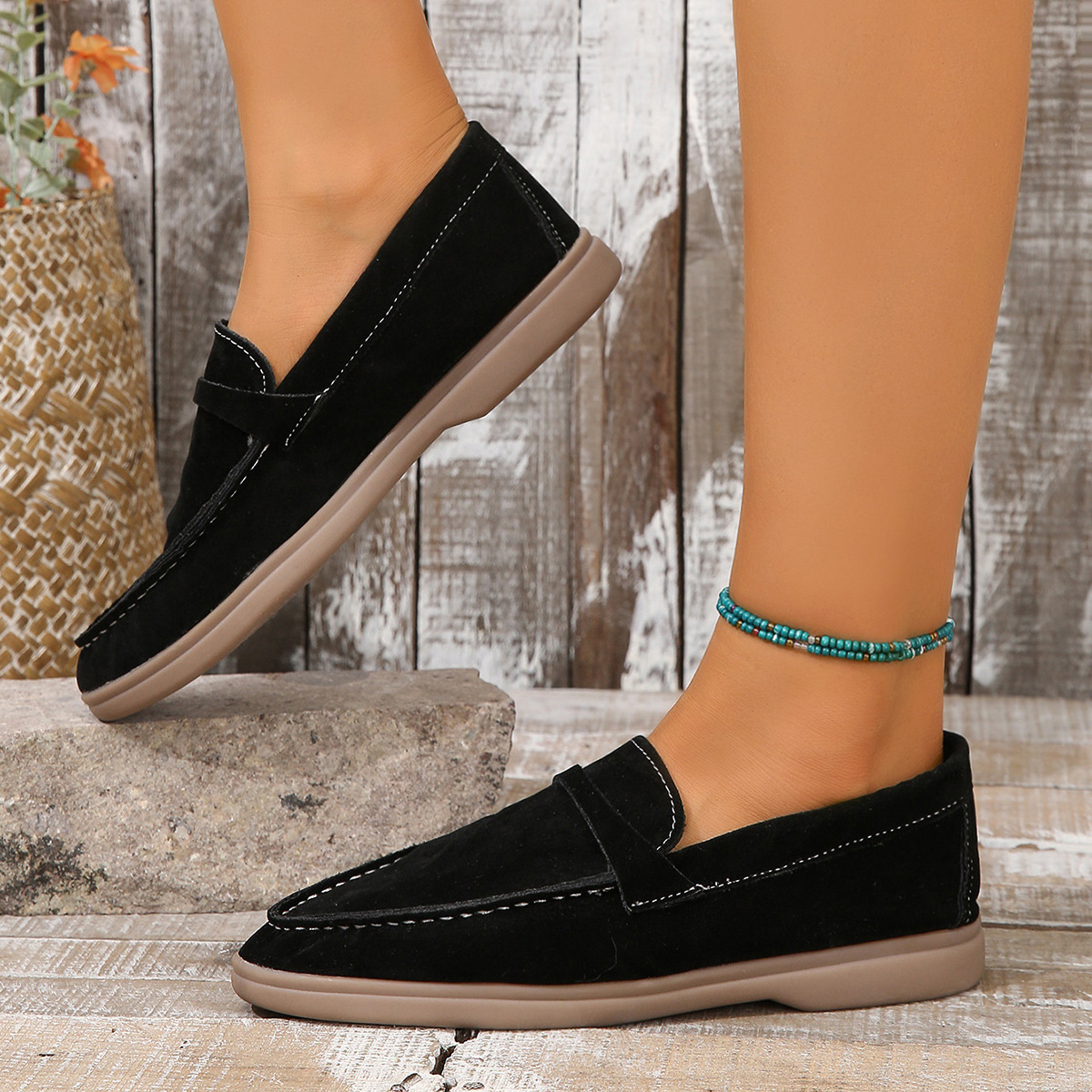 Women's round head women's frosted flat lazy shoes vintage single shoes European and American style plus-size casual shoes summer