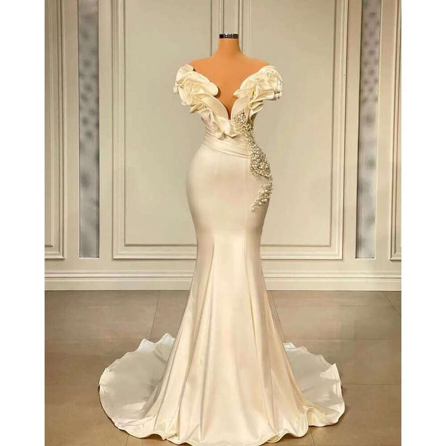 Long Evening Dresses Off The Shoulder Pearl White Satin Mermaid Dubai Women Formal Ocn Prom Party Gowns Vestido