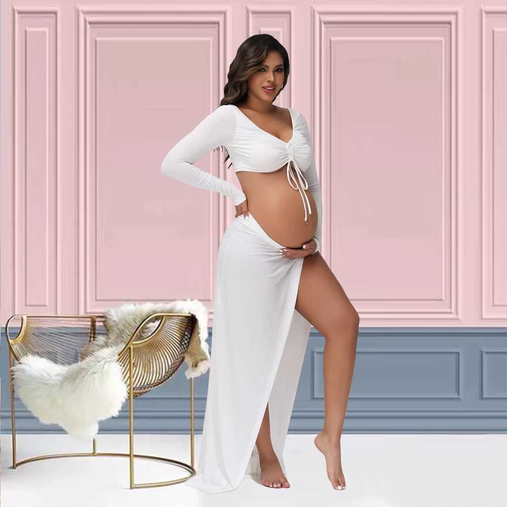 Pregnant Women Clothing Dress Maternity Cut Out Backless V Neck Rawstring Top Slit Skirt Set Baby Shower Evening Gown X250224