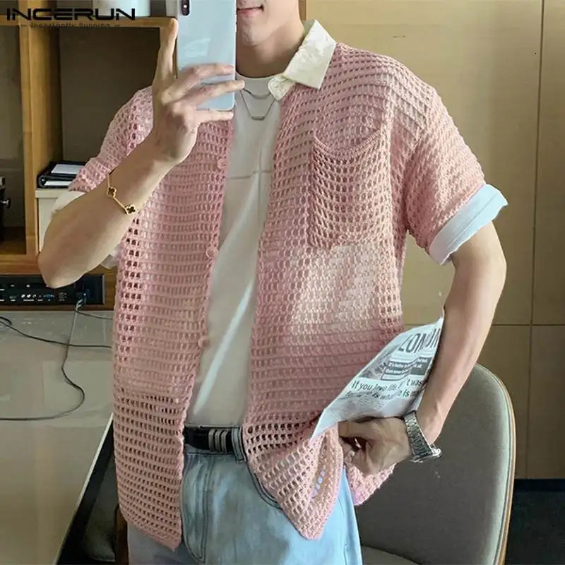 INCERUN Mens Shirts Patchwork Mesh Hollow Out Transparent Lapel Short Sleeve Mens Clothing Streetwear Fashion Shirts S-5XL 250222