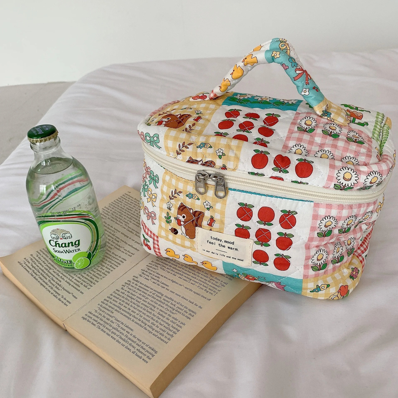 Cute Quilting Cotton Makeup Bag Women Zipper Cosmetic Organizer Travel Essentials Pouch Handbag Box Shape Ladies Toiletry Case 250224