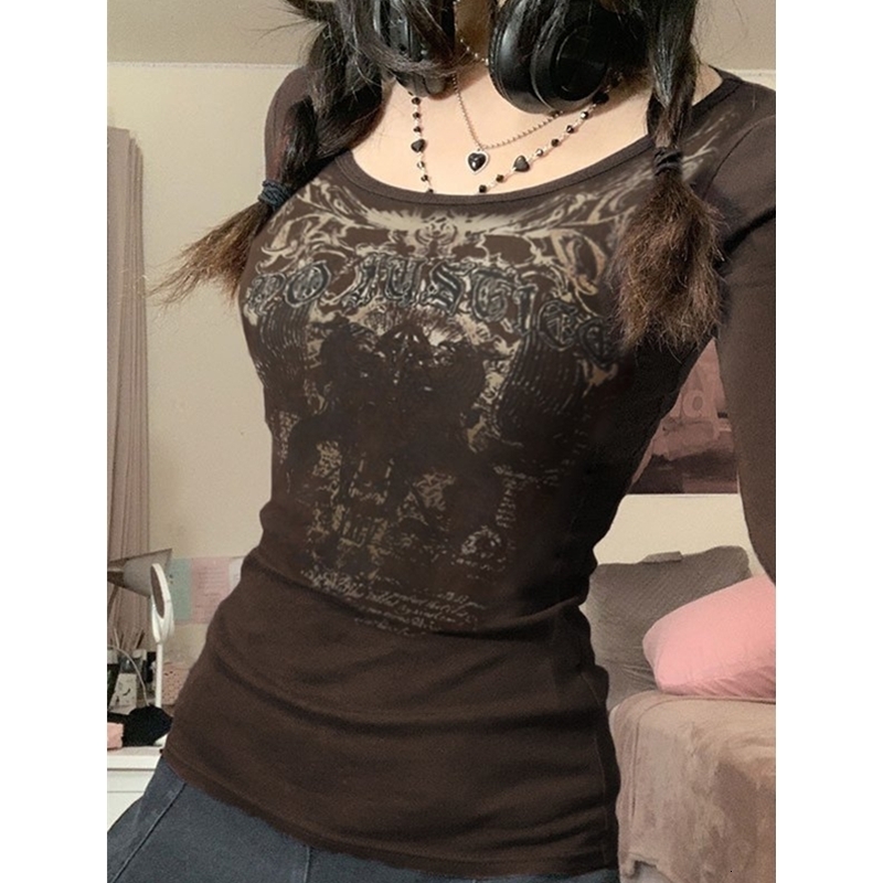 Xingqing Goth Punk Grunge T Shirt Vintage Aesthetic Graphic Letter Print Long Sleeve Tops y2k Women Clothes 2000s Streetwear 250224