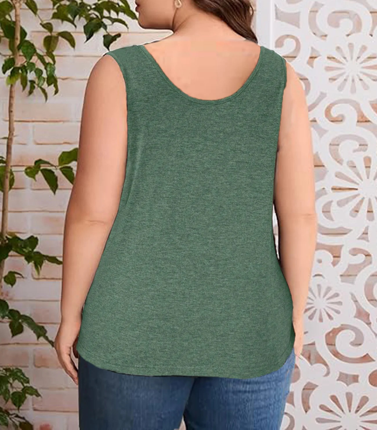 Plus Size Colored Cotton Casual U-neck Sleeveless Tank Top Solid Button Tank Top 250224