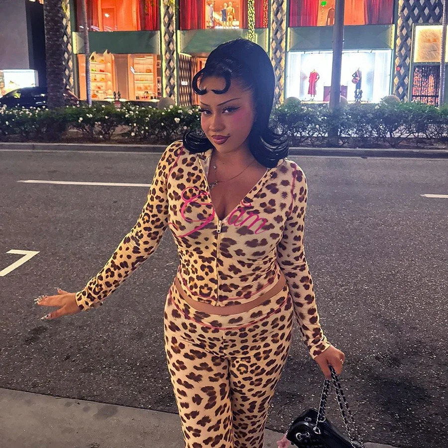 Leopard Print Womens Set Lounge Wear 2 Piece Flare Pant Set 250225